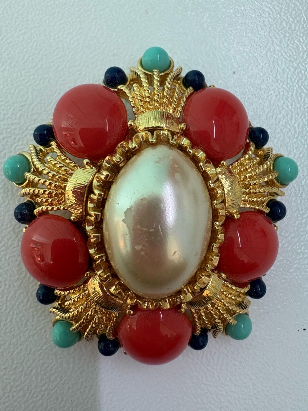 Vintage Gold-Tone Pearl Center Red Bead Statement Brooch